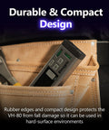 Dual Laser Distance Meter With Bluetooth App Connection in a tool belt, showing durable compact design with rubber edges.