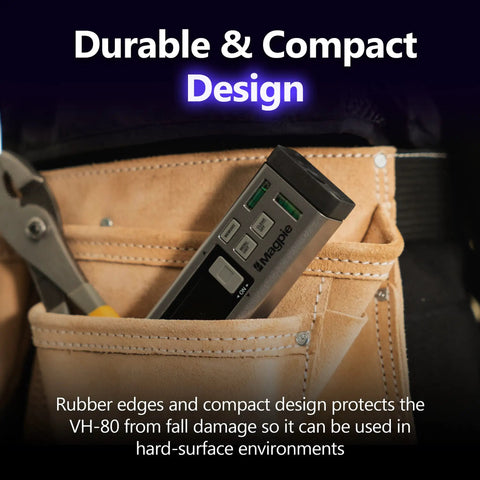 Dual Laser Distance Meter With Bluetooth App Connection in a tool belt, showing durable compact design with rubber edges.