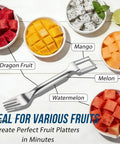 2 In 1 Watermelon Cutter And Serving Fork with bowls of cubed fruits, ideal for barbecues and picnics.