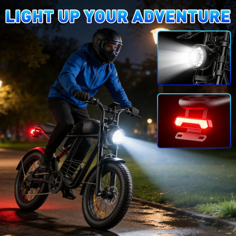 Night rider on 1500W Peak Electric Bike For Adults, 35 MPH Off Road And City Commute, Fat 20x4.0 Tire with lights on.