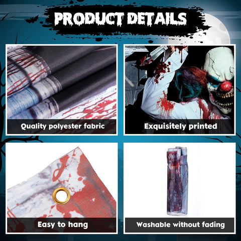 Haunting Halloween Window Curtain With 16.4 Ft LED Lights, Creepy Clown Backdrop, Joker Poster, polyester fabric details