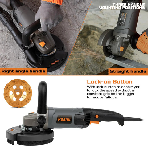 Concrete Angle Grinder 5 Inch With 11.5 Amp 1400W Motor Diamond Cup Wheel shown with handles, dust shroud, and lock-on button