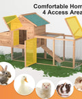 Outdoor Chicken Coop For 2-4 Chickens Wooden Hen House With Nesting Box Ramp And Run Cage Built To Last Waterproof Asphalt Roof Wire Fence 80 Inch Long Poultry Hutch, side view with multiple access doors open and animals shown.