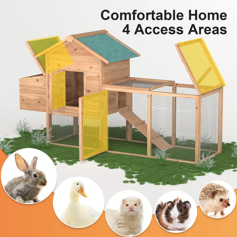 Outdoor Chicken Coop For 2-4 Chickens Wooden Hen House With Nesting Box Ramp And Run Cage Built To Last Waterproof Asphalt Roof Wire Fence 80 Inch Long Poultry Hutch, side view with multiple access doors open and animals shown.
