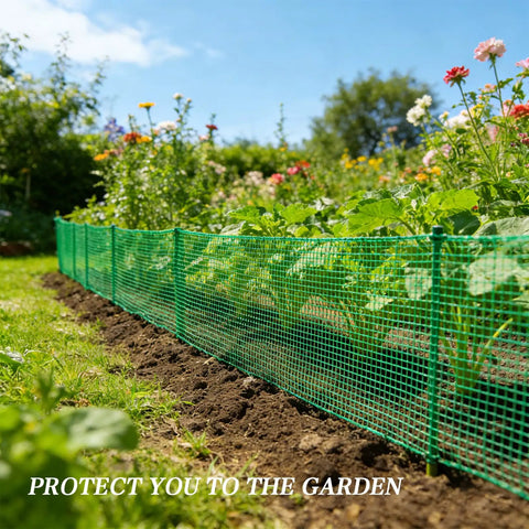 Temporary Garden Fence 4x100 Feet With 50 Zip Ties Heavy Duty Plastic Snow Fence Yard Barrier for outdoor use in green garden.