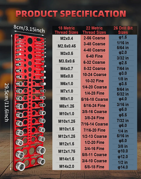 Handy Thread Gauge Kit With 22 SAE And 18 Metric Thread Sizes, 26 Drill Bit Gauges with size chart and ruler measurements