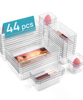 No Sweat 44 Piece Clear Plastic Drawer Organizers Set With Adjustable Vanity Trays For Bathroom Kitchen Office Craft Storage.