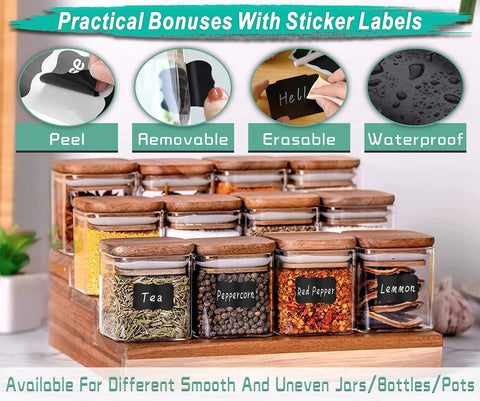 Ultimate 81 Piece Basket Label Kit with clip-on and erasable labels on jars for kitchen organization.