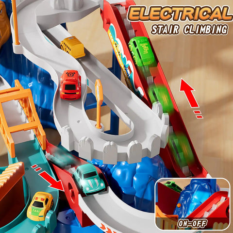 Close-up of Dinosaur Race Car Tracks For Toddlers And Kids Aged 3 To 8 With Dinosaur Climbing Hills And Ramps Includes 7 Small Cars Map And Stickers