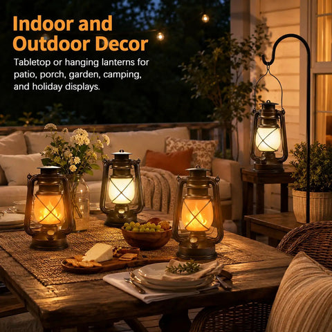 Waterproof Hanging Lanterns With Lit Dancing Flame LED Lights for Camping and Patio Decor on outdoor table and porch