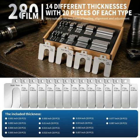Top Shelf 280Pcs 304 Stainless Steel Shim Kit 2X2 Inch Slotted Precision Measurement Tabs with assorted thicknesses.