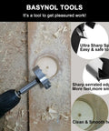 Forstner Bit Set for Wood Drilling 16 Piece Round Shank Drill Bits showing drill bit creating clean hole in wood.