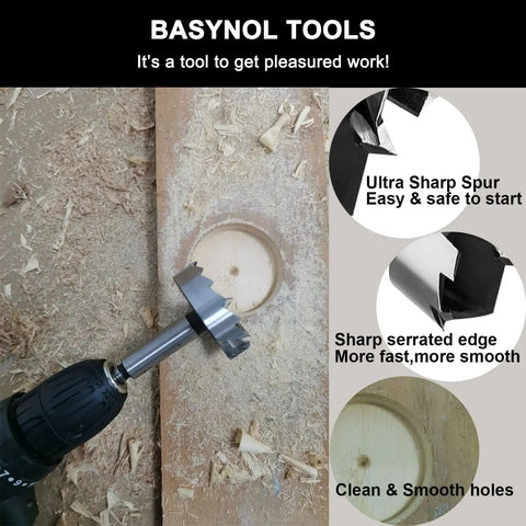 Forstner Bit Set for Wood Drilling 16 Piece Round Shank Drill Bits showing drill bit creating clean hole in wood.