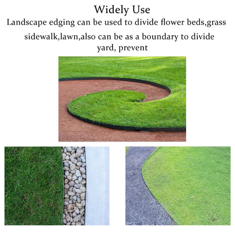 No Dig Landscape Edging Kit 33FT Long 4IN Tall Black HDPE Border separating grass, rocks, and pathways in a garden design.