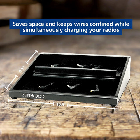 Six Station All In One Charger Tray For KSC 35SK Radios, 6 Slot Dock, shown on wooden surface with dimensions labeled