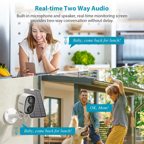Image of a Solar Powered Outdoor Security Camera With Spotlight, 1080P Color Night Vision, Wireless WiFi Battery Powered, on a wall.