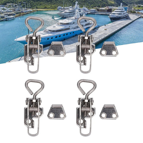 Beefy 4 Piece Marine Grade 304 Stainless Steel Toggle Latch Clamp Hardware Kit With Screws for Boats Yachts RVs displayed on dock