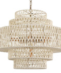 Front view of Huge White Rattan Chandelier With 6 Lights Hand Woven 5 Tier Pendant Light, adjustable height for dining room and more.