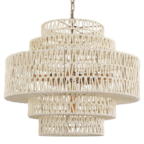 Front view of Huge White Rattan Chandelier With 6 Lights Hand Woven 5 Tier Pendant Light, adjustable height for dining room and more.