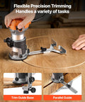 Heavy Duty One Horsepower Wood Router And Palm Edge Trimmer With Variable Speed Control From Ten Thousand To Thirty Two Thousand RPM in use with trim guide.