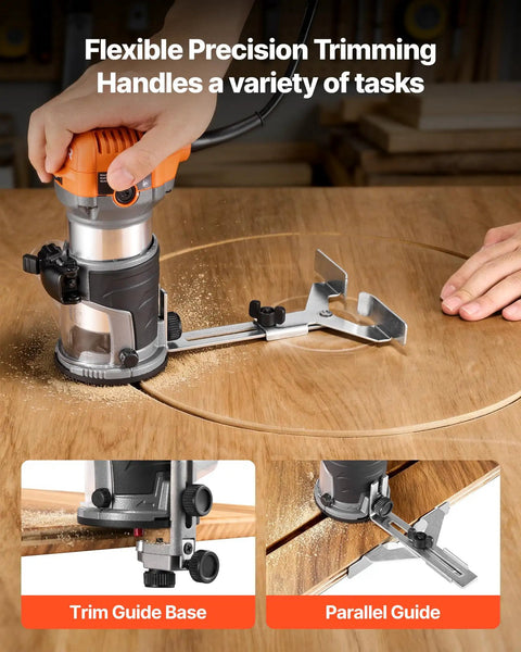 Heavy Duty One Horsepower Wood Router And Palm Edge Trimmer With Variable Speed Control From Ten Thousand To Thirty Two Thousand RPM in use with trim guide.