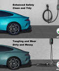 Sturdy Wall Mount EV Charger Holder For SAE J1772 Cables With Locking Hook And Snug Dust Covers, before and after cable organization comparison.