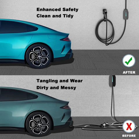 Sturdy Wall Mount EV Charger Holder For SAE J1772 Cables With Locking Hook And Snug Dust Covers, before and after cable organization comparison.