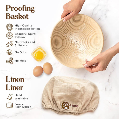 All In One Sourdough Bread Kit With 9 Inch Round Banneton Proofing Basket And 24 Oz Starter Jar, including eggs and linen liner