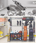 Garage Sports Gear Organizer With Ball Storage Rack And Golf Bag Stand For Indoor Outdoor Storage, ball holder shown organized.