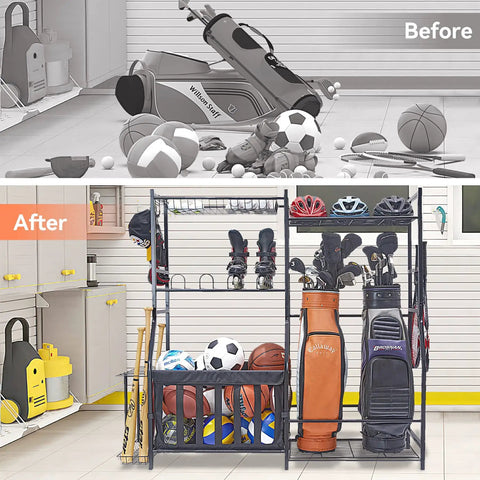 Garage Sports Gear Organizer With Ball Storage Rack And Golf Bag Stand For Indoor Outdoor Storage, ball holder shown organized.