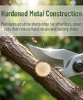 Heavy Duty Replacement Blades For Electric Pruning Shears cutting through a branch with hardened metal construction.