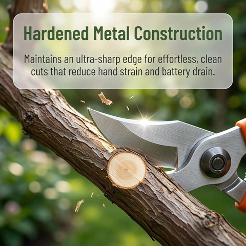 Heavy Duty Replacement Blades For Electric Pruning Shears cutting through a branch with hardened metal construction.