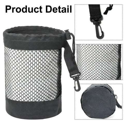 Black Golf Ball Storage Bag Portable Drawstring Pouch with mesh and strap details