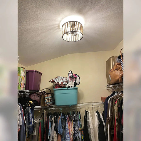 Boho Wood Beaded Chandelier With Three Lights In Black Semi Flush Mount Ceiling Light for a closet storage area.