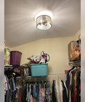 Boho Three Light Wood Beaded Chandelier Semi Flush Mount Ceiling Light in white illuminating closet