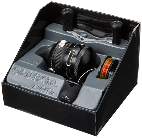 Boxed Omega Pro 3SZ Spincast Reel With 10 Pound Line, Size 30, Black, Aluminum Covers, Dual Paddle Handle, Soft Touch Thumb Button