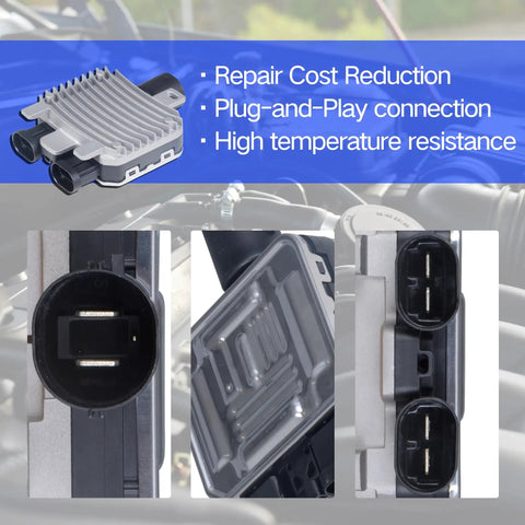 Plug And Play Cooling Fan Control Module Ready To Roll For Volvo S60 S80 V40 V60 XC60 XC70 And Land Rover Evoque Freelander II And Ford Galaxy Replace OE 940009402 7T438C609BA 940004204, showing details and connections.