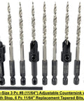 Top Shelf Depth Adjustable Countersink Drill Bit Set Measuring 11 64 Inch Includes Six Heavy Duty Replacement Tapered Bits Precision Crafted Steel with hex key.