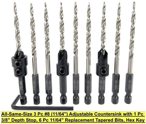 Top Shelf Depth Adjustable Countersink Drill Bit Set Measuring 11 64 Inch Includes Six Heavy Duty Replacement Tapered Bits Precision Crafted Steel with hex key.