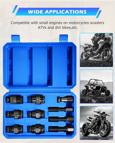 Blue case holding All In One Motorcycle Flywheel Puller Kit With 10 Sizes For Small Engines Perfect For Motorcycles Scooters ATVs And Dirt Bikes