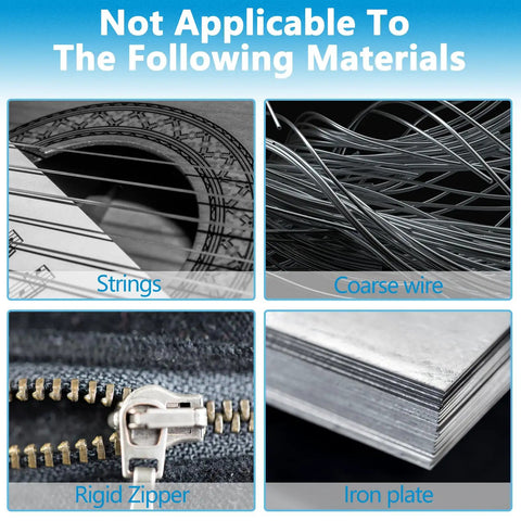 Image showing materials not suitable for Ultra Sharp Flush Cutters: guitar strings, coarse wire, rigid zipper, iron plate.