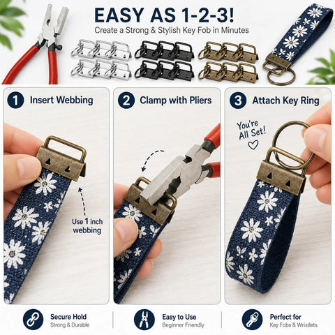 Steps to use 45 Pack 1 Inch Key Fob Hardware With Pliers For DIY Wristlet Keychains, Includes Silver Black Bronze Zinc Alloy Pieces