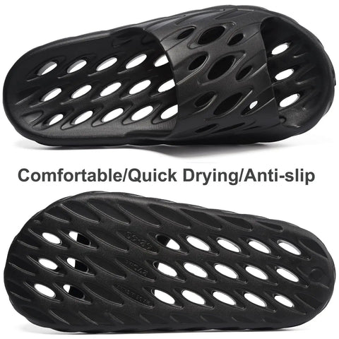 Drainage Holes Shower Slippers With Quick Drying Sole For Men And Women Open Toe Bath Shoes Soft Cushioned Footbed Ultra Comfy For Home Gym Pool And Spa Black 44.45, top and bottom view