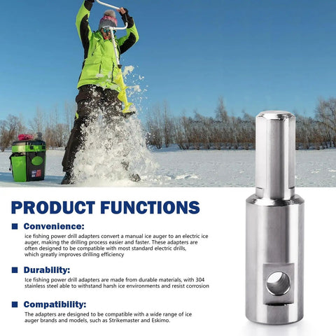 Ice Auger Drill Adapter Fits 1/2 Inch Drill Chuck Turns Hand Ice Fishing Auger Into A Cordless Power Drill Setup With 1/4 Inch Hole
