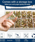 Hand holding nutsert from All In One Rivet Nut Assortment Kit With 920 Pieces Metric And SAE Nutserts in storage box