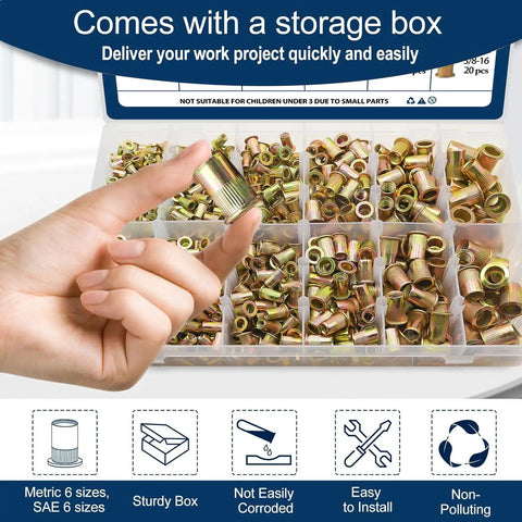 Hand holding nutsert from All In One Rivet Nut Assortment Kit With 920 Pieces Metric And SAE Nutserts in storage box