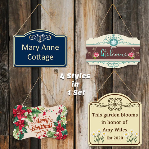 4 Pack 10 Inch Sublimation Door Signs Blanks Aluminum Double Sided Wall Hanging Ornaments For Heat Press DIY Craft Custom Plaque Decor Mix Styles Dope For Home Decor And Craft Projects displayed on wooden background