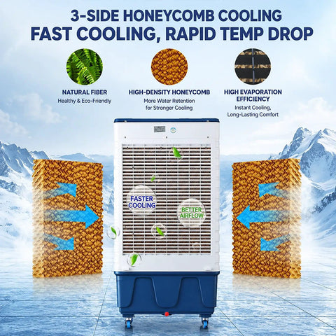 Portable Evaporative Air Cooler With Mechanical Knobs And Auto Swing, Three Speeds Pump Out Kickin Cool Airflow For Bedroom Or Studio Setup, Sweet Easy Glide Design Chases Away Sticky Summer Days In Seconds with 3-side honeycomb cooling.