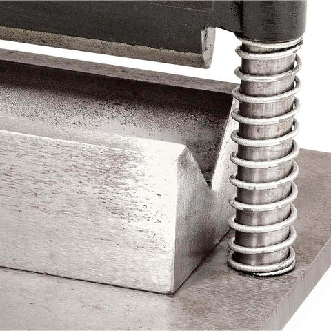 Close-up of Heavy Duty Press Brake Attachment for 12 to 20 ton hydraulic shop presses showing precise bend capability in metal.