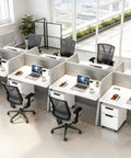 Scalable Eight Person Modular Cubicle Workstation With Plug And Play Power Outlets And Rolling Storage Drawers Featuring Actual Quiet Acoustic Panels For Zero Stress Workday Flow In Bright White, overhead view of desks.